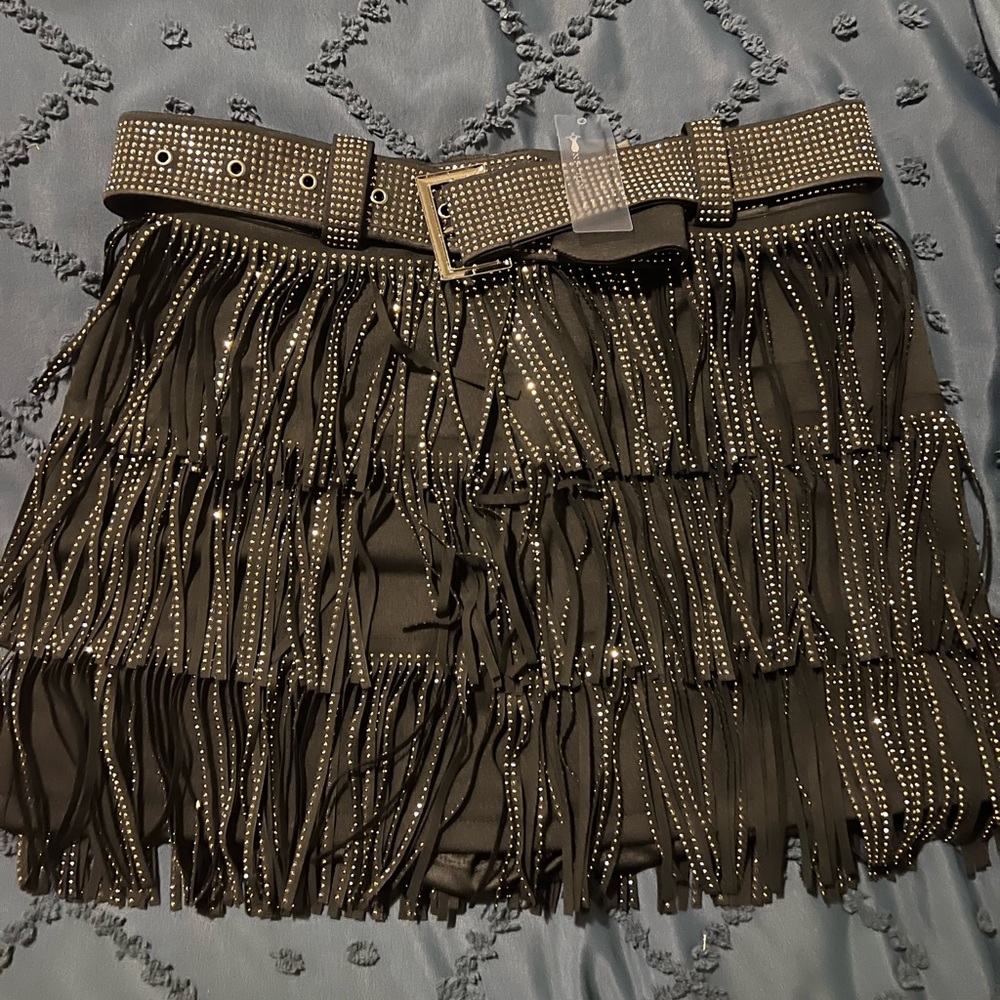 Black Rhinestone Fringe Skirt Skort